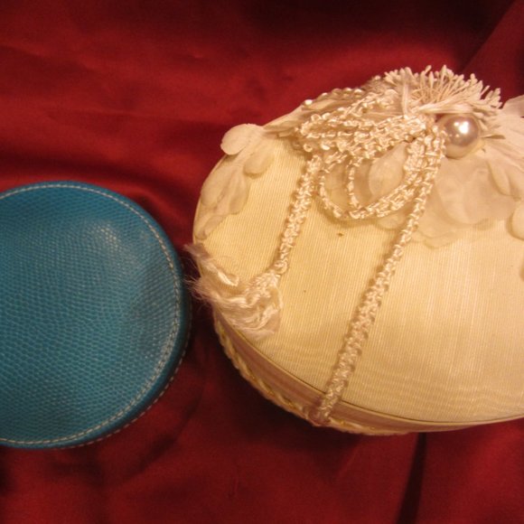 DECORATIVE BOXES, ONE BLUE FAUX LEATHER, ONE CREAM CLOTH & RIBBONS - Picture 2 of 7